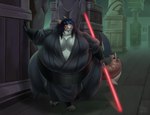 anthro belly big_belly big_breasts black_clothing black_hair blue_eyes breasts claws clothed clothing detailed_background digitigrade female fully_clothed hair huge_belly lightsaber melee_weapon morbidly_obese morbidly_obese_female muffin_top obese obese_female overweight overweight_female red_lightsaber saberstaff sith solo tail thick_arms thick_tail thick_thighs weapon wide_hips biglovealicia mythology star_wars dragon fish hybrid marine mythological_creature mythological_scalie scalie shark 2022 detailed full-length_portrait hi_res portrait shaded signature soft_shading