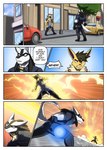 anthro aura_sphere broken_glass car dialogue duo electricity fight glass lightning male public text thief vehicle juniorjosi shaesullivan_(artist) nintendo pokemon wepawet eeveelution generation_1_pokemon generation_4_pokemon jolteon lucario pokemon_(species) comic english_text hi_res