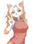 anthro asian_clothing chinese_clothing chinese_dress clothing dress east_asian_clothing female fur gesture green_eyes hand_gesture orange_body orange_fur simple_background smile solo upper_body v_sign white_background white_body white_fur eneki_sei eijin_niki canid canine canis mammal wolf 3:4 half-length_portrait portrait