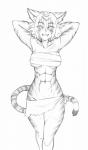 abs anthro athletic athletic_anthro athletic_female blush breasts clothed clothing female fur grin hands_behind_head pupils scar simple_background skimpy slit_pupils smile solo striped_body striped_fur stripes white_background twrlare felid mammal pantherine tiger 2019 monochrome sketch