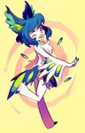 2016 4_fingers anthro avian beak bird blue_body blue_feathers blue_hair chest_tuft extyrannomon_(artist) feathers female fingers fur gesture hair half-closed_eyes hand_gesture inner_ear_fluff looking_at_viewer multicolored_body multicolored_feathers narrowed_eyes open_mouth perico red_eyes simple_background solo tuft v_sign walking white_body white_fur