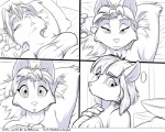 5:4 anthro bed bed_sheet bedding bedroom_eyes canid canine comic eyes_closed faf fafcomics female fox furniture greyscale half-closed_eyes hand_behind_head hetty_(faf) looking_at_viewer mammal monochrome narrowed_eyes pillow seductive sleeping solo wide_eyed