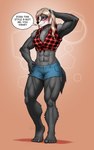abs anthro arm_tuft blonde_hair blush bottomwear breasts clothing denim denim_bottomwear denim_clothing denim_shorts dialogue eyebrow_through_hair eyebrows eyelashes feet female fur hair midriff muscular muscular_anthro muscular_female navel purple_eyes shirt shorts shoulder_tuft smile solo tied_shirt topwear translucent translucent_hair tuft mykegreywolf liz_(mykegreywolf) badger mammal mustelid musteline 2025 absurd_res hi_res