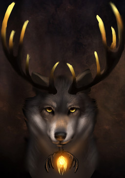 ambiguous_gender antlers black_nose feral fur grey_body grey_fur horn lamp lantern looking_at_viewer solo yellow_eyes jademerien canid canine canis hybrid mammal wolf 2020 digital_media_(artwork) hi_res