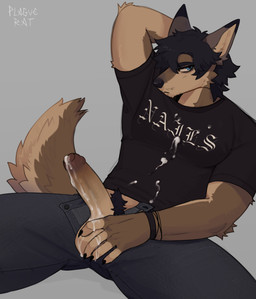 anthro balls black_clothing black_hair black_shirt black_topwear bodily_fluids bracelet brown_body brown_fur clothing cum cum_on_penis cum_on_shirt eyeliner facial_hair foreskin fur genital_fluids genitals hair hand_behind_head humanoid_genitalia humanoid_penis jewelry makeup male open_jeans penis pubes shirt solo stubble t-shirt topwear sgguzz canid canine mammal absurd_res hi_res