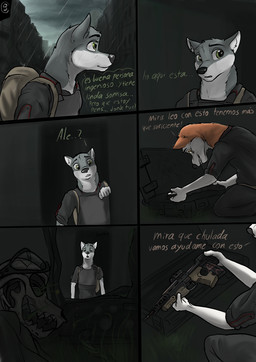 abandoned_building abandoned_city anthro backpack biped bone city city_background duo ears_up green_eyes holding_object holding_weapon male male_anthro post-apocalyptic raining skull skull_head surprised text weapon wolfyalex96 alex_(wolfyalex96) leo_(wolfyalex96) canid canine canis domestic_dog husky mammal nordic_sled_dog spitz wolf comic hi_res spanish_text translated