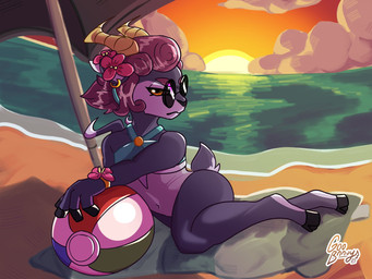 2_horns accessory anthro ball beach beach_ball beach_towel beach_umbrella clothing cloven_hooves ear_piercing ear_ring eyewear female fingers flower flower_in_hair frown fur grey_body grey_fur hair hair_accessory hooved_fingers hooves horn inflatable looking_at_viewer one-piece_swimsuit parasol piercing plant purple_hair ring_piercing sand sea seaside short_tail sky solo sun sunglasses sunset swimwear tail towel water wearing_sunglasses goobnnuy rivals_of_aether absa bovid caprine goat mammal 4:3 hi_res