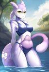 anthro bikini breasts clothing detailed_background female forest medium_breasts plant purple_body river sky solo swimwear tree two-piece_swimsuit water wide_hips yellow_eyes milch_und_gold nintendo pokemon generation_1_pokemon legendary_pokemon mewtwo pokemon_(species) absurd_res hi_res