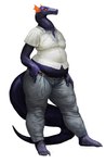 anthro barefoot belly belt black_body black_skin bottomwear clothed clothing feet frill_(anatomy) hand_on_belt hand_on_leg hand_on_thigh long_neck male orange_eyes overweight overweight_anthro overweight_male pants shirt simple_background solo standing tail thick_tail topwear white_background cettus mythology fritjof dragon mythological_creature mythological_scalie scalie 2023 hi_res