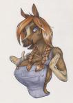 5_fingers anthro blue_eyes braided_hair breasts brown_body brown_fur brown_hair cleavage clothed clothing female fingers front_view fur hair looking_at_viewer nipple_outline overalls pigtails simple_background smile solo teeth twin_braids white_background thecrazydragon elaine_(furryjibe) equid equine horse mammal 2016 half-length_portrait marker_(artwork) portrait traditional_media_(artwork)