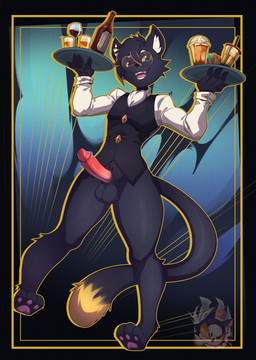 alcohol anthro balls beer beverage black_body black_fur bottle bottomless bottomless_anthro bottomless_male clothed clothing container dipstick_tail erection eyewear fangs fur genitals glans glasses humanoid_genitalia humanoid_penis inner_ear_fluff male markings open_mouth open_smile pawpads penis smile solo tail tail_markings teeth tuft waiter wine mr._deathcat knight_(knight) domestic_cat felid feline felis mammal 2026 absurd_res hi_res