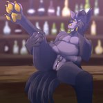 absurd_res alcohol andromorph anthro bartender beverage canid canine canis clitoris genitals hi_res intersex mammal nude pawpads public purple_body pussy solo spread_legs spreading trans_(lore) trans_man_(lore) wolf yellow_eyes yellow_pawpads