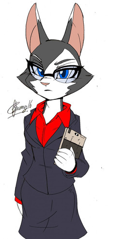 anthro black_body black_fur blue_eyes clothed clothing electronics eyewear female frown fur glasses looking_at_viewer solo suit tablet tablet_computer white_body white_fur zhengfox glue_studios rimba_racer ms._torres_(rimba_racer) lagomorph leporid mammal rabbit hi_res