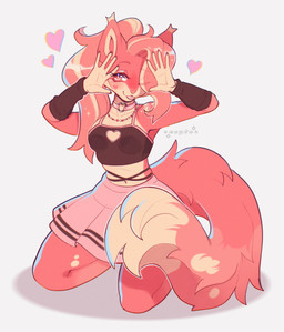 5_fingers anthro bangs black_clothing black_crop_top black_shirt black_topwear blep blush bottomwear choker clothing crop_top eyebrows female fingers fur hair heart_symbol jewelry kneeling long_hair midriff multicolored_body multicolored_fur navel necklace one_eye_closed pink_body pink_bottomwear pink_choker pink_clothing pink_eyebrows pink_eyes pink_fur pink_jewelry pink_necklace pink_skirt ponytail shirt simple_background skirt solo tail tongue tongue_out topwear white_background yellow_body yellow_fur cepto_(artist) felid feline mammal colored digital_drawing_(artwork) digital_media_(artwork) hi_res