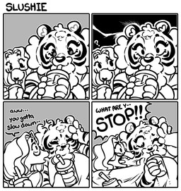 4_panel_comic anthro beverage_drinking black_stripes black_text brain_freeze cheek_tuft closed_smile cold_drink comic_panel container cross-popping_vein cup dialogue drinking_straw duo eyewear facial_markings facial_tuft female glasses grabbing_another hair hand_on_head head_markings impact_lines inner_ear_fluff interrupted_speech long_hair looking_at_another looking_at_cup markings mouth_closed one_eye_closed open_mouth pain pained_expression question_mark simple_background slushie small_ears smile striped_arms striped_face stripes talking_to_another text tuft wearing_glasses white_background white_body white_face white_fingers white_hair white_hands white_inner_ear white_inner_ear_fluff white_speech_bubble wince worried worried_look yelling yelling_at_another highlandkall naomi_(highlandkall) felid mammal pantherine tiger 2024 character_request comic digital_drawing_(artwork) digital_media_(artwork) english_text hi_res monochrome