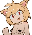 ahoge areola areola_slip blonde_hair cute_fangs eye_through_hair fangs female hair looking_at_viewer mostly_nude nipple_slip nipple_tape noseless open_:3 pasties red_eyes simple_background solo tape teeth translucent translucent_hair waving_hand white_background lunny_sketch tsukihime type-moon neco-arc animal_humanoid cat_humanoid felid felid_humanoid feline feline_humanoid humanoid mammal mammal_humanoid 2024 absurd_res half-length_portrait hi_res portrait