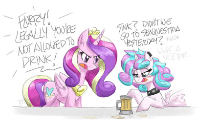 aged_up collar container cup cutie_mark dialogue drunk duo ear_piercing female feral horn piercing spiked_collar spikes substance_intoxication text underage_drinking wings flutterthrash friendship_is_magic hasbro my_little_pony mythology flurry_heart_(mlp) princess_cadance_(mlp) equid equine mammal mythological_creature mythological_equine winged_unicorn english_text hi_res