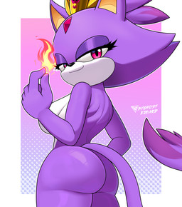 anthro bedroom_eyes big_breasts big_butt breasts bubble_butt butt crown dipstick_tail elemental_manipulation eyelashes female fire fire_manipulation forehead_gem fur gem glistening glistening_butt headgear killer_queen_blaze looking_at_viewer looking_back looking_back_at_viewer markings narrowed_eyes nude pink_background pink_eyes purple_body purple_fur rear_view seductive simple_background smile solo tail tail_markings thick_thighs white_background white_body white_fur wide_hips byghosteduard sega sonic_the_hedgehog_(series) blaze_the_cat domestic_cat felid feline felis mammal absurd_res hi_res