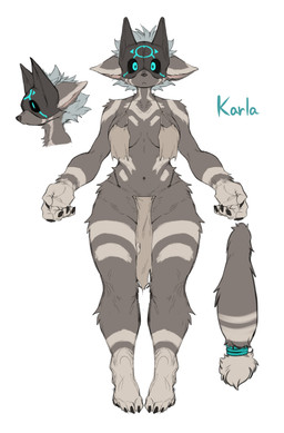 4_toes 5_fingers anthro black_nails bottomwear breasts clothing colored_nails feet female fingers fur glowing glowing_eyes grey_body grey_fur hair loincloth markings mask nails navel solo tail toes tribal tribal_markings white_body white_fur sleepiness18 karla_(sleepiness18) canid canine canis mammal wolf absurd_res hi_res