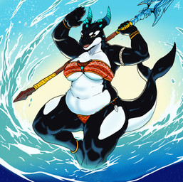 action_pose anthro clothing female jewelry looking_at_viewer melee_weapon polearm pose solo spear swimwear tribal water weapon azurian mythology aquatic cetacean dolphin dragon hybrid mammal mythological_creature mythological_scalie oceanic_dolphin orca scalie toothed_whale absurd_res hi_res