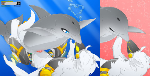 4_ears animal_genitalia animal_vulva anthro anthro_on_feral anthro_penetrating bestiality claws cybernetics duo eyelashes female female_feral female_on_top feral feral_penetrated fin fingers from_front_position fur genitals grey_body interspecies kissing light_body logo lying machine male male/female metal multi_ear on_back on_top penetration penis pink_penis pink_vulva reverse_missionary_position sex simple_background smile spiracles spread_legs spread_vulva spreading tail text toony underwater underwater_sex vaginal vaginal_penetration vulva water white_body kayasamix alien cetacean cyborg dolphin lizard mammal marine protogen reptile scalie toothed_whale 2026 absurd_res colored detailed hi_res multiple_scenes traditional_media_(artwork)