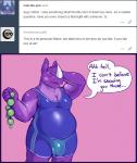 anal_beads anthro ask_blog belly big_bulge blush bulge clothing dialogue embarrassed facepalm glistening horn male moobs overweight overweight_anthro overweight_male purple_body purple_skin sex_toy simple_background solo text tight_clothing unitard nargleflex stilton mammal rhinoceros english_text