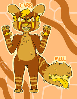 anthro blonde_hair bodily_fluids brown_body brown_fur candy caramel_(food) carr&mell_(crumpet_fur) dessert detailed_background food fur goopy hair living_tail male markings pawpads saliva solo striped_markings stripes tail tail_mouth teeth tongue unusual_anatomy unusual_bodily_fluids unusual_tail yellow_body yellow_eyes yellow_fur yellow_mouth yellow_nose yellow_pawpads yellow_teeth yellow_tongue crumpet_fur ailurid food_creature mammal red_panda hi_res signature