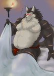 anthro asian_clothing bedding black_nose blanket blush bulge butt clothing east_asian_clothing fundoshi humanoid_hands japanese_clothing kemono male overweight overweight_anthro overweight_male scar sitting solo underwear manya sega shining_(sega) shining_force shining_wind rouen_(shining) canid canine canis mammal wolf 2008