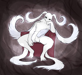 antennae_(anatomy) balls big_penis black_eyes bodily_fluids chair foreskin fur furniture genital_fluids genitals glans humanoid_genitalia humanoid_penis male mouthless penis precum resting simple_background sitting solo white_balls white_body white_fur white_glans white_penis thedivinetemple angel_dust_(himeros) arthropod insect lepidopteran moth