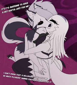 anthro bra breast_squish breasts breasts_frottage butt butt_grab clothing dialogue duo eyes_closed female female/female french_kissing fur grey_body grey_fur hand_on_butt hug inner_ear_fluff kissing multicolored_body squish text tuft underwear white_body white_fur zancu hellaverse helluva_boss mythology loona_(helluva_boss) stella_(helluva_boss) avian bird canid canid_demon canine demon hellhound mammal mythological_canine mythological_creature owl owl_demon english_text