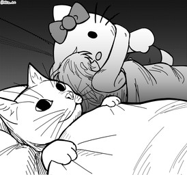 ambiguous_gender clothed clothing feral fur hair inner_ear_fluff plushie sleeping topwear tuft whiskers nhim hello_kitty_(series) sanrio domestic_cat felid feline felis mammal hi_res monochrome