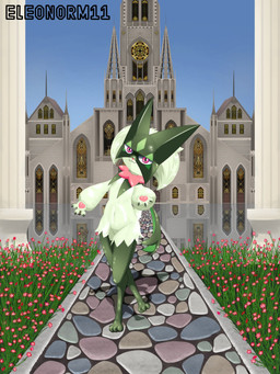 ambiguous_gender anthro cathedral claws column featureless_crotch flower fur gothic_architecture green_body green_fur green_hair hair looking_at_viewer navel pawpads paws pink_eyes plant solo eleonorm11 nintendo pokemon felid feline generation_9_pokemon mammal meowscarada pokemon_(species) 2025 3:4 hi_res signature