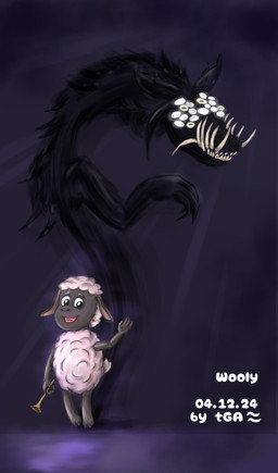 ambiguous_gender anthro black_body black_skin duo fur gesture horn_(musical_instrument) horror_(theme) looking_at_viewer male multi_eye musical_instrument nightmare_fuel sharp_teeth smile teeth waving white_body white_fur wind_instrument thegoldenaquarius amanda_the_adventurer the_shepherd_(amanda_the_adventurer) wooly_(amanda_the_adventurer) bovid caprine mammal monster sheep absurd_res hi_res