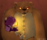 :3 anthro backpack black_nose claws clothed clothing countershading duo fake_cat_ears fake_ears fangs female fire glowing glowing_eyes hair looking_at_viewer looking_back magic open_mouth purple_hair red_eyes scary smile teeth zeta-haru league_of_legends riot_games tencent annie_(lol) bear human mammal 2013