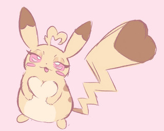 alternate_form bedroom_eyes biped chibi female feral fur narrowed_eyes pink_background seductive simple_background solo yellow_body yellow_fur clockstops3am conditional_dnp nintendo pokemon generation_1_pokemon pikachu pokemon_(species) digital_media_(artwork)