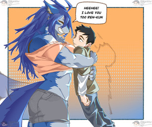 after_transformation anthro black_hair blue_body blue_fur blue_hair bottomwear breasts claws clothing dialogue duo eyes_closed female fur hair hug human_on_anthro interspecies looking_up male male/female muscular muscular_anthro muscular_female pants shirt shorts simple_background size_difference smile standing sweater tail tail_motion tailwag text topwear rekidesu mythology ren_(rekidesu) tsukiko_(rekidesu) canid canine human mammal mythological_canine mythological_creature werecanid werecanine werecreature werewolf 2026 digital_media_(artwork) english_text hi_res