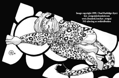 anthro anus clothing e-mail_address eyes_closed female flexible footwear fur genitals hair high_heels hugging_legs leopard_spots licking long_hair lying non-web_source nude on_side self_lick shoes solo spots tail text tongue vulva chad_burbidge cheetah felid feline mammal 1999 black_and_white english_text high_contrast monochrome signature url