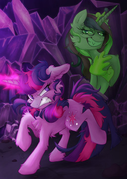 angry bared_teeth chest_tuft crystal duo female feral fluffy glowing glowing_horn gums horn magic teeth telekinesis tuft wings thunderball friendship_is_magic hasbro my_little_pony mythology queen_chrysalis_(mlp) twilight_sparkle_(mlp) equid equine mammal mythological_creature mythological_equine unicorn winged_unicorn absurd_res hi_res