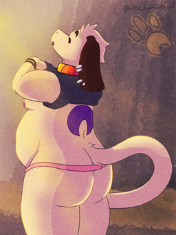 ambiguous_gender anthro bottomless bottomless_ambiguous bottomless_anthro chastity_strap clothed clothing clothing_lift collar long_tail nipples overweight shirt shirt_lift slightly_chubby solo standing tail topwear speckostardust nintendo pokemon speck_(speckostardust) canid canine canis domestic_dog generation_2_pokemon mammal pokemon_(species) smeargle 3:4 absurd_res hi_res nonbinary_(lore)
