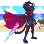 anthro black_body black_fur breasts cape claws clothing cloud day eyewear eyewear_on_head female fire food footwear fur grill melee_weapon navel sandals shoes simple_background smile solo sunglasses sunglasses_on_head sword toe_claws weapon theartofsilent rivals_of_aether clairen_(rivals_of_aether) felid mammal pantherine 2024 absurd_res hi_res signature