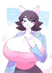 :3 anthro big_breasts black_hair blue_clothing blue_eyes blue_jacket blue_topwear blush blush_stickers breasts chest_tuft cleavage clothed clothing collarbone devil_horns_(gesture) emanata eye_through_hair eyebrow_through_hair eyebrows female fur gesture hair hand_gesture heart_symbol huge_breasts jacket lgbt_pride logo nipple_outline open_clothing open_jacket open_topwear pink_clothing pink_topwear pride_colors solo spiked_jacket tail text topwear transgender_pride_colors translucent translucent_hair tuft white_body white_fur averysoftpear maggie_applebee canid canine canis domestic_dog mammal 2023 artist_logo artist_name digital_drawing_(artwork) digital_media_(artwork) english_description half-length_portrait hi_res portrait