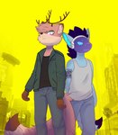 anthro big_tail big_tails breadstoat_(artist) canid canine cyberpunk cyberpunk_2077 cyberpunk_clothes deer duo fluffy fluffy_tail fox hi_res horn machine male male/male mammal protofox protogen skittle skittle_(character) sky tail visor