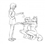 anthro bottomwear breasts clothing crouching female group hypnosis mind_control nipples nude skirt submissive tail sleepymaid canid canine domestic_cat felid feline felis fox mammal black_and_white monochrome sketch