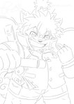 anthro bottomwear cape clothing eyebrows male melee_weapon open_mouth shorts slightly_chubby smile solo sword thick_eyebrows topknot weapon young ren_izayoi lifewonders tokyo_afterschool_summoners masashi_(tas) canid canine canis domestic_dog mammal monochrome sketch