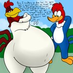 anthro beak belly big_belly blue_body blue_feathers dialogue duo feathers huge_belly male multicolored_body multicolored_feathers red_body red_feathers smile tail tail_feathers text two_tone_body two_tone_feathers white_body white_feathers fataltragedy2004 looney_tunes the_woody_woodpecker_show universal_studios warner_brothers foghorn_leghorn woody_woodpecker avian bird chicken galliform gallus_(genus) phasianid picid woodpecker 1:1 digital_media_(artwork) english_text hi_res