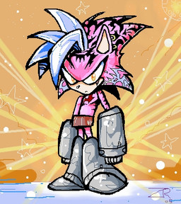 anthro blue_hair chest_tattoo facial_tattoo hair male orange_eyes pink_body pink_skin solo star tattoo text gunner_double_one sega sonic_the_hedgehog_(series) fan_character gunner_double_one_(character) eulipotyphlan hedgehog mammal digital_media_(artwork) low_res oekaki signature source_request