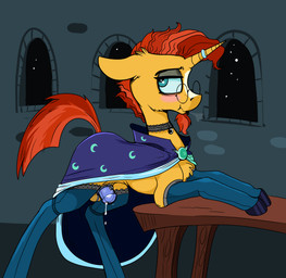 animal_genitalia blue_clothing blue_eyes blue_legwear blue_thigh_highs blush cape chastity_cage chastity_device choker clothing erection feral fur genitals hooves horn jewelry legwear lock male medial_ring necklace open_mouth padlock penis quadruped solo teeth thigh_highs unicorn_horn yellow_body yellow_fur yellow_horn paskanaakka friendship_is_magic hasbro my_little_pony mythology sunburst_(mlp) equid equine mammal mythological_creature mythological_equine unicorn 2020 absurd_res hi_res