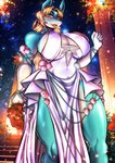 anthro big_breasts blonde_hair blush breasts clothing dress female flower hair huge_breasts multicolored_body navel_outline plant solo tan_body thick_thighs two_tone_body white_body bluewolfartista my_hero_academia ippan_josei mammal quirked_human_(my_hero_academia) 2024 absurd_res hi_res