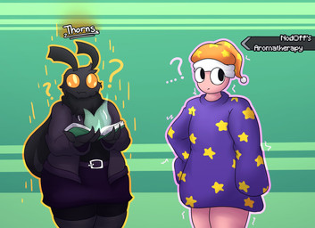 ambiguous_gender antennae_(anatomy) anthro belt biped black_body book clothed clothing duo fingers front_view fully_clothed hat headgear headwear holding_object insect_wings jacket monotone_body neck_tuft nightcap orange_eyes outline question_mark simple_background text topwear tuft wings hornyicakes arthropod human insect lepidopteran mammal moth 2026 digital_drawing_(artwork) digital_media_(artwork) english_text hi_res