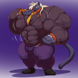 anthro big_bulge big_muscles big_pecs blue_body blue_fur bulge clothing footwear fur gradient_background grin hair hand_on_pecs huge_bulge huge_muscles huge_pecs hyper hyper_muscles hyper_pecs long_hair male musclegut muscular muscular_anthro muscular_male necktie pecs plantigrade shoes simple_background smile solo standing suit white_hair bobert felid feline mammal 1:1 2021 hi_res